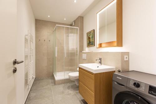 a bathroom with a shower toilet and a sink at Strandleben - Galerie Nummer 13 in Ahrenshoop