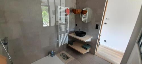 a bathroom with a sink and a toilet and a mirror at Maison GINKGO in Hourtin