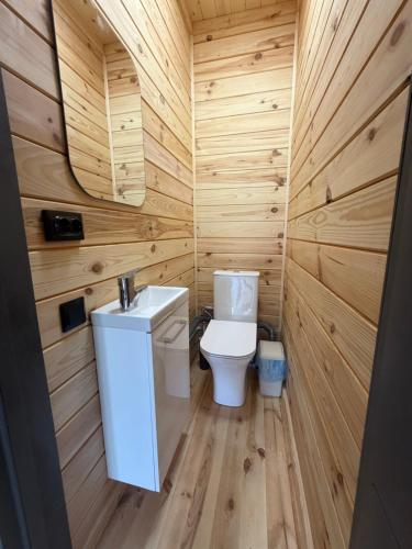 a small bathroom with a toilet and a sink at Pulmo Rest House in Pulʼmo