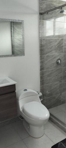 a bathroom with a toilet and a glass shower at Villa Graciela II in Paipa
