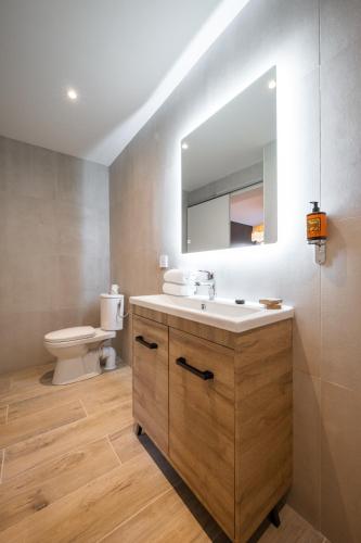 a bathroom with a sink and a toilet and a mirror at Hôtel Comté de Nice in Beaulieu-sur-Mer