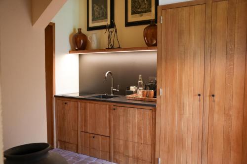 a kitchen with a sink and wooden cabinets at Hostellerie De Levernois in Levernois