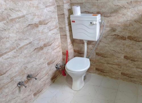 a bathroom with a white toilet in a stone wall at Jibhi Pine Nature Tree house in Jibhi