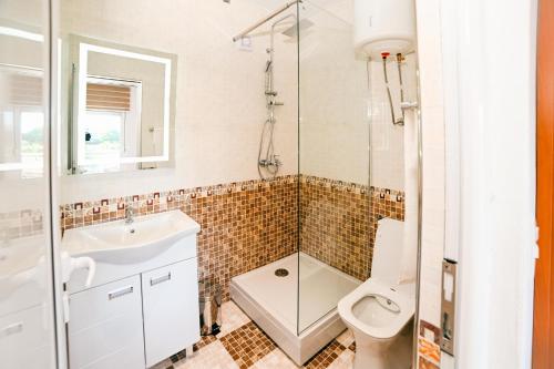 a bathroom with a toilet and a sink and a shower at Lux Ariana in Donji Štoj