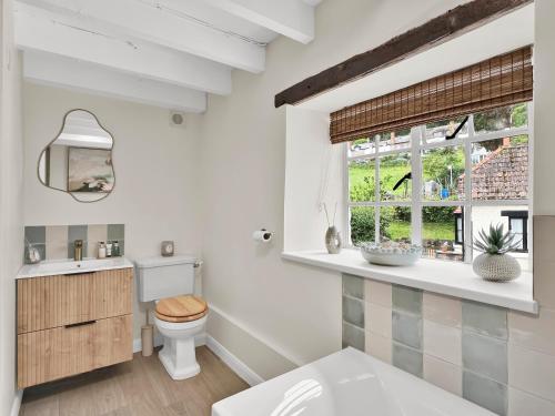 a bathroom with a toilet and a sink and a window at Bobs Cottage Porlock Weir in Porlock