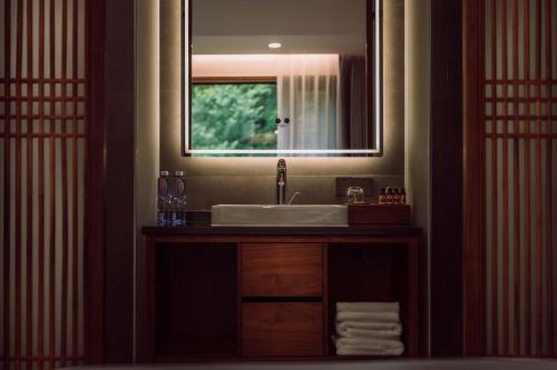 a bathroom with a sink and a mirror at Qingcheng Mountain Wujing Mountain Residence in Dujiangyan