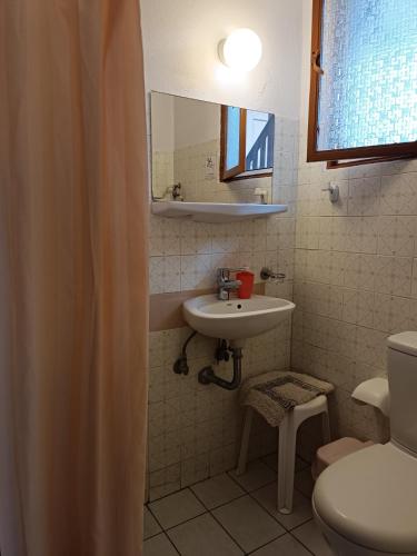 a bathroom with a sink and a toilet and a mirror at Haras rooms in Nikiana