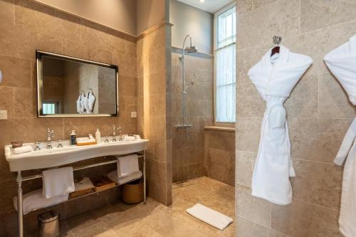 a bathroom with a sink and a shower at Château Sainte Sabine in Sainte-Sabine