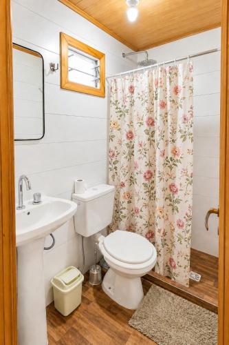 a bathroom with a toilet and a shower curtain at Monoambiente D'Charruas in Chajarí