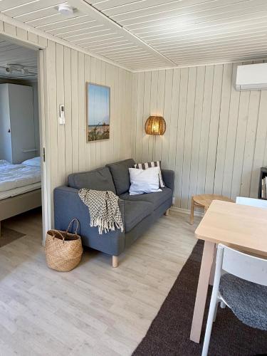 a living room with a couch and a bed at Brissundsbyn in Visby
