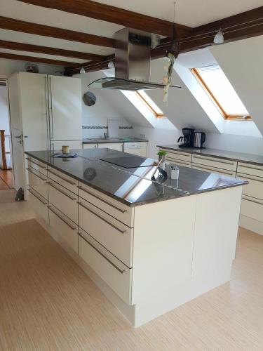 a kitchen with a white island in a room at Pferdeglück in Remptendorf