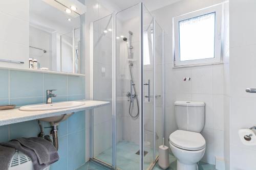 a bathroom with a shower and a toilet and a sink at Villa Seliora in Sivota