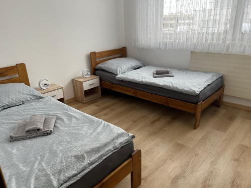 a bedroom with two beds and a window at Tina`s Ferienwohnung in Kapfenberg