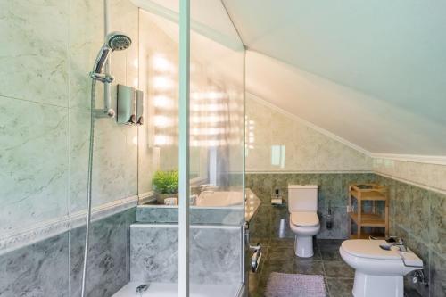 a bathroom with a shower and a toilet and a sink at La Centinela en Costa Quebrada in Miengo