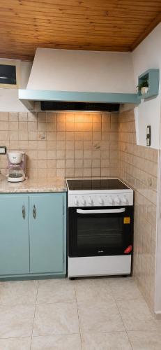 a kitchen with a white stove and blue cabinets at Τα σπίτια στα Λειβάδια - Γαρδένια in Vrakhnós