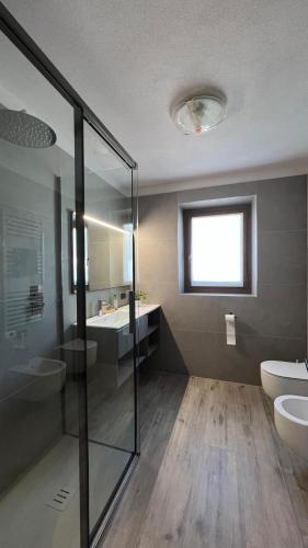 a bathroom with a shower and a sink and a toilet at Casa Marika in Valdisotto