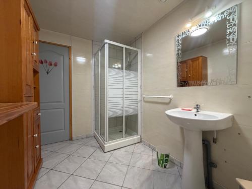 a bathroom with a glass shower and a sink at Le chant des oiseaux chambre pour quatre à quelques minutes de la Baie de Somme entre nature mer et télétravail in Nibas