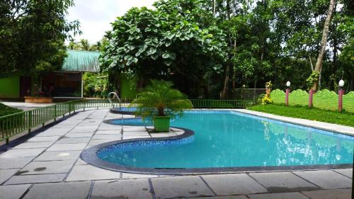 a swimming pool in a yard with a patio and trees at Misty Slope in Ambalavayal