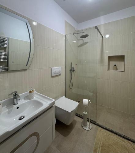 a bathroom with a toilet and a sink and a shower at Hotel Vellezrit Guri in Theth