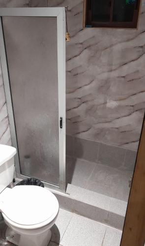 a bathroom with a toilet and a marble wall at Cabaña Ecologica Huinganes in Machalí