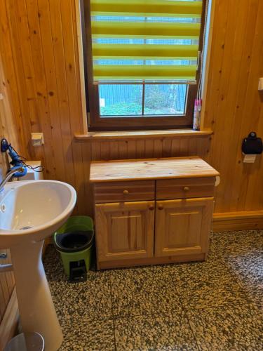 a bathroom with a sink and a window with a sink at Alga in Mrzeżyno