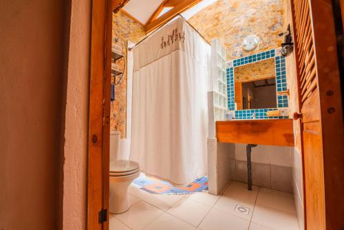 a bathroom with a shower curtain and a toilet at Hotel-Camping Takha Takha in San Pedro de Atacama