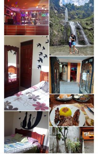 a collage of photos of a hotel with a waterfall at Hostal Juyanis in Otavalo
