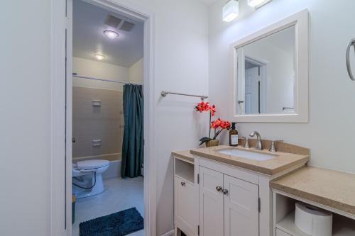 a white bathroom with a sink and a mirror at Arlington Suite in Arlington