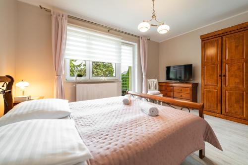 a bedroom with a bed and a tv and a window at Wenge in Jastarnia