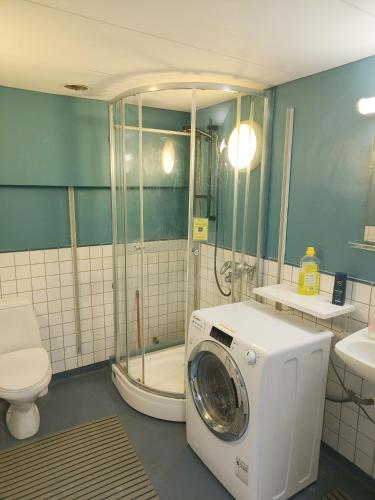 a washing machine in a bathroom with a toilet at Office House Tripla in Helsinki
