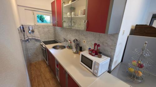 a kitchen with a counter top with a microwave at Apartments MiMa in Kotor