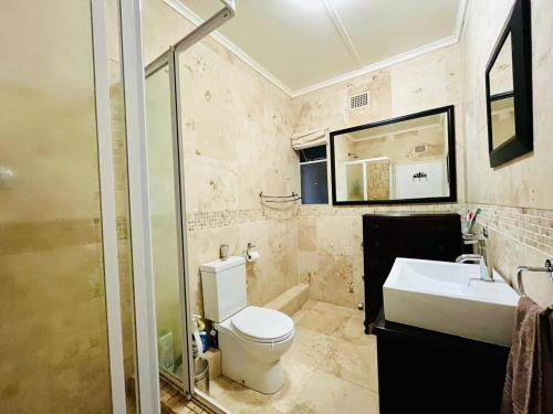a bathroom with a toilet and a sink at Pleasance Flat nr 8A Worcester Street in Grahamstown