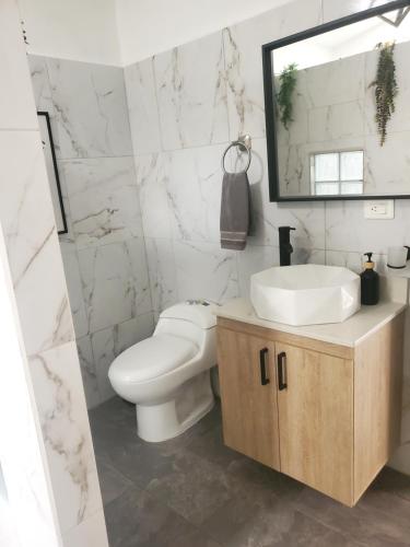 a bathroom with a toilet and a sink and a mirror at Envigado tradicion y modernidad in Envigado