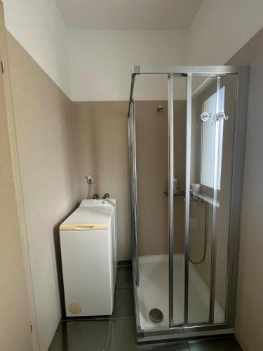 a bathroom with a shower and a sink at Pebble Home in Yialós