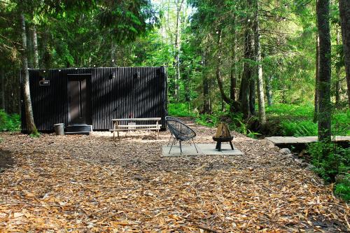 a bench sitting in the middle of a forest at PRIVAATNE Metsamajake SAUNAGA "VULIN" in Sigula