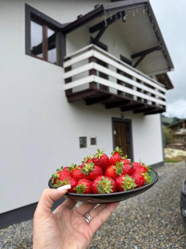 a person holding a plate of strawberries in front of a building at Лайт Хайс Буковель in Palyanytsya