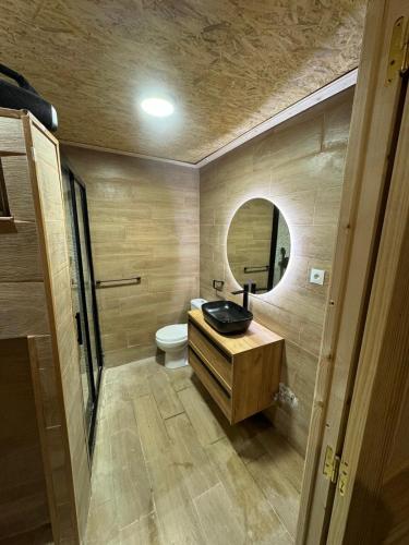 a bathroom with a sink and a toilet with a mirror at Cabaña Cala Blanca II in Málaga