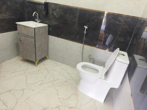 a bathroom with a white toilet and a sink at Ganga Nature Nest in Hawālbāgh