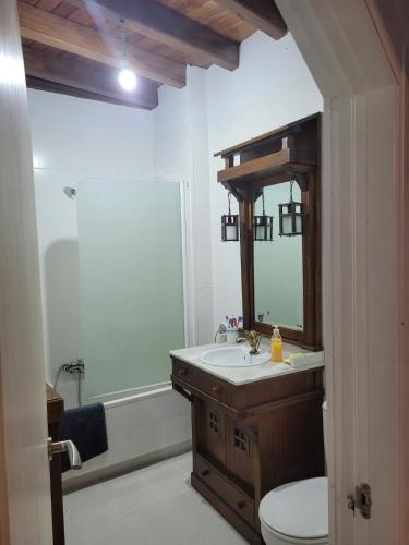 a bathroom with a sink and a toilet and a mirror at Casa Rivendell in Ladrido