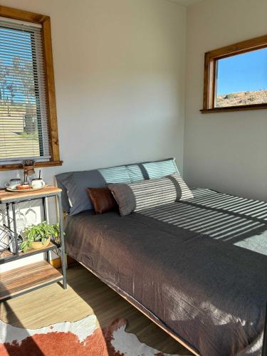 a bedroom with two beds next to a window at Quiet Luxury Tiny Home Retreat Rustic Chic in Aguanga