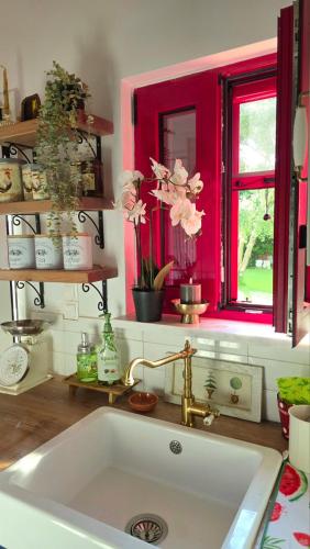 a kitchen with a sink and a window with flowers at Vitta's House in Kanali