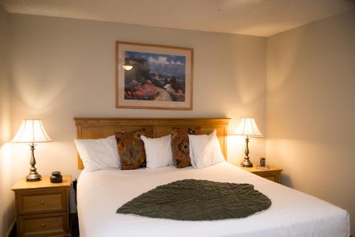 a bedroom with a large white bed with two lamps at Walk to Mountain Base Studio for 4 & POOL in Crested Butte