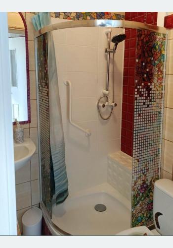 a bathroom with a shower with a toilet and a sink at Centrum 3 łóżka Roosevelta 47 in Piła