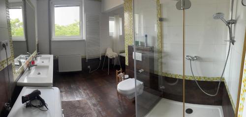 a bathroom with a shower and a toilet and a sink at Apartment Maximilian in Bratislava