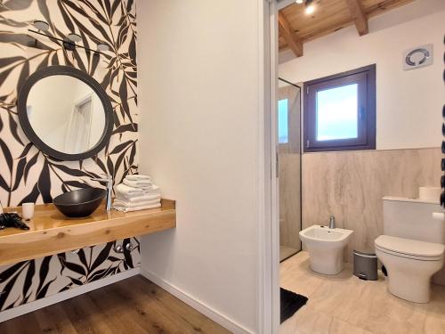 a bathroom with a toilet and a mirror at Jardin de Estepa Il in Dina Huapi