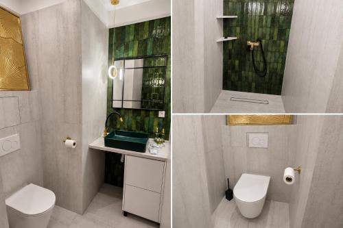 two pictures of a bathroom with a toilet and a sink at Apartmán na Rohu I in Malacky