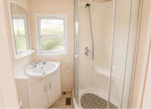 a bathroom with a shower and a sink at Parc Montana - Mobile home in Gassin
