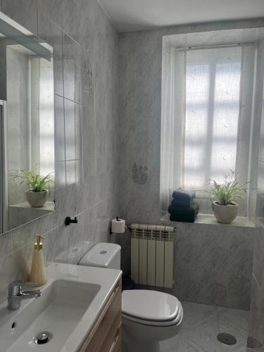 a bathroom with a toilet and a sink and a window at Casa Viñao in Boborás
