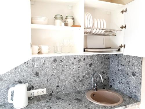 a kitchen with a sink and a counter top at Ezerkrasts Daugavas 7 in Liepāja