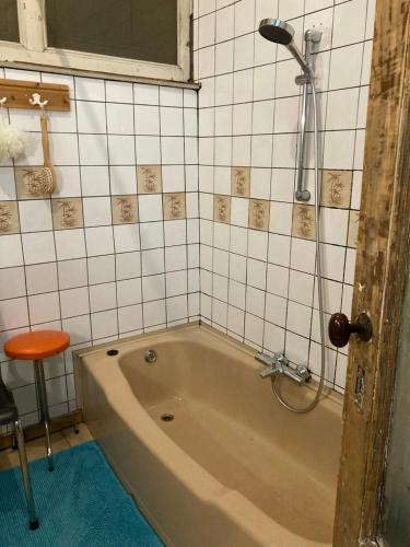 a bath tub in a bathroom with a shower at Room in a garden Late CHECKOUT in Ghent